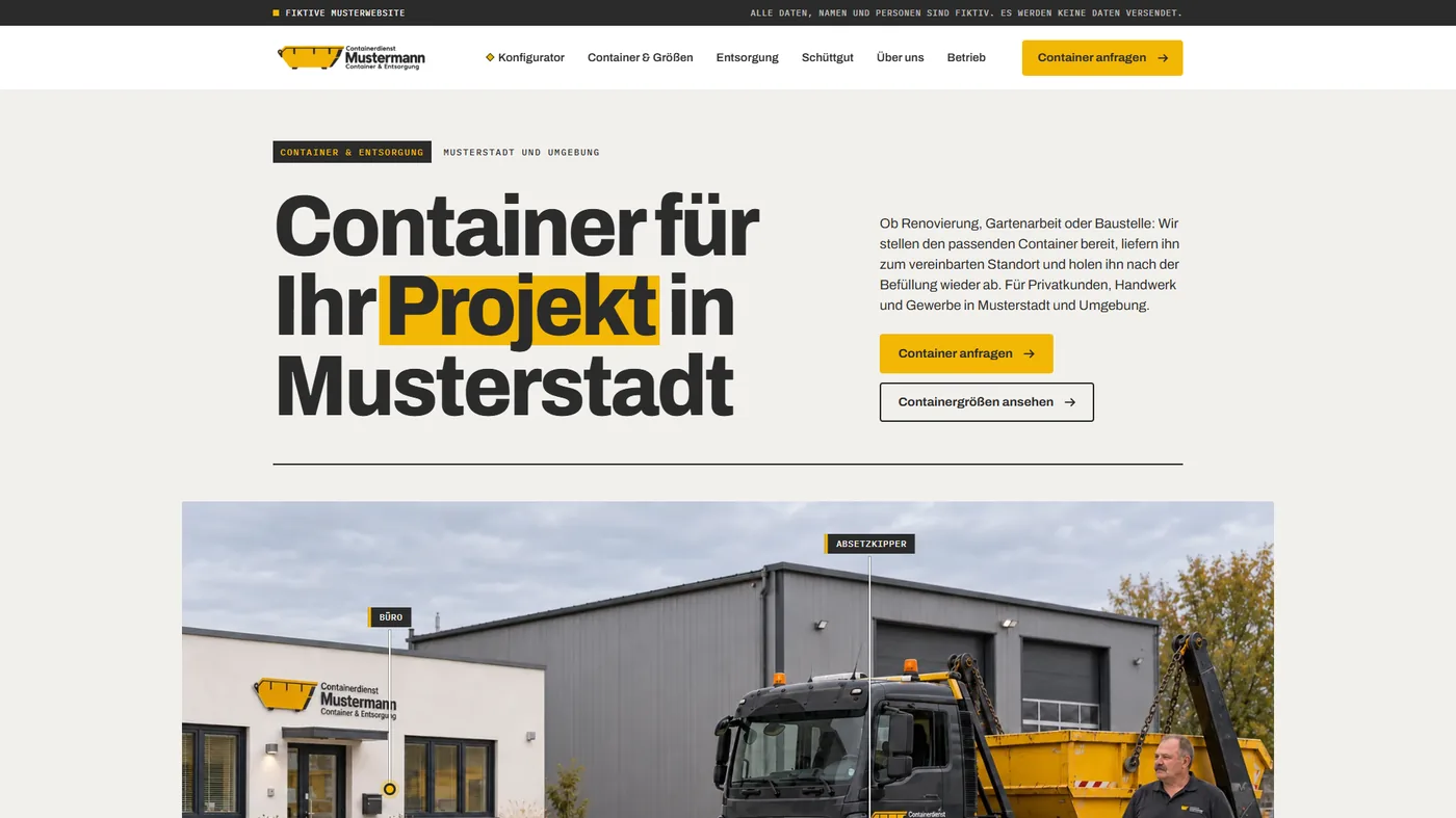 Musterseite eines Containerdienstes, gestaltet von Greven Medien