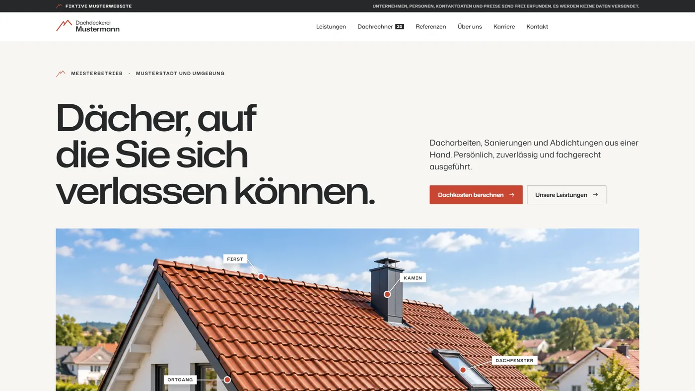 Musterseite einer Dachdeckerei, gestaltet von Greven Medien