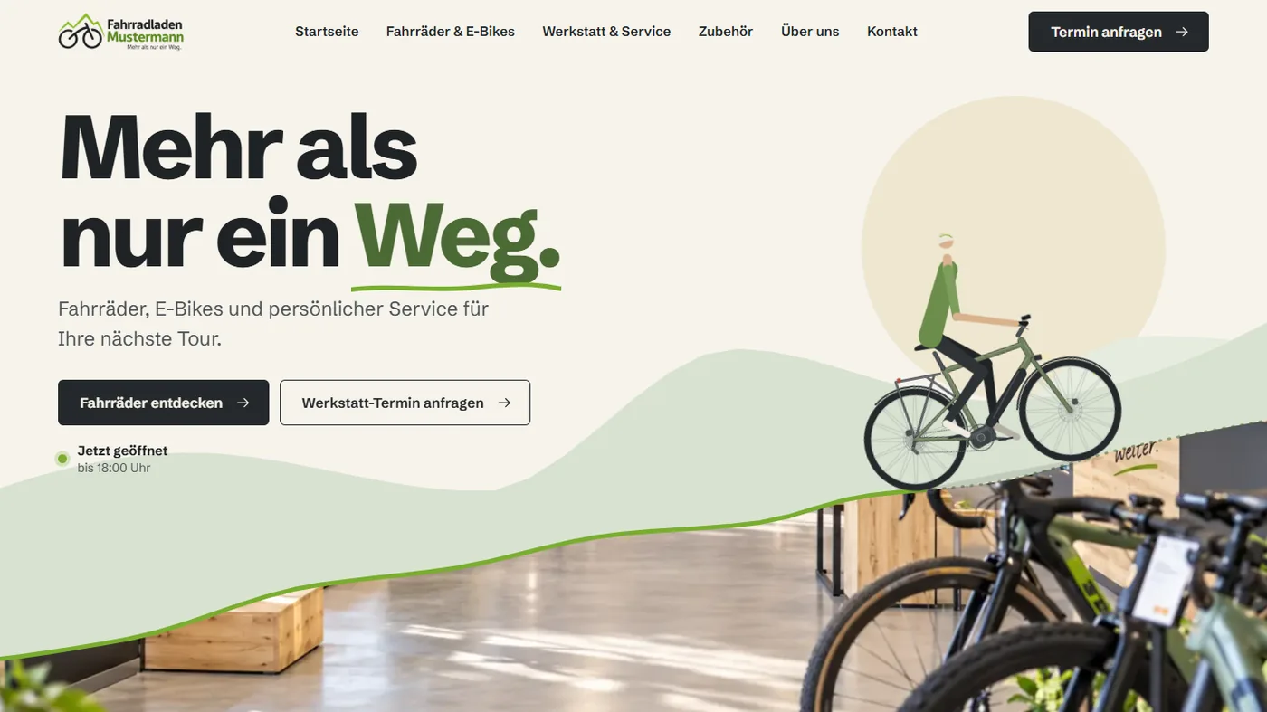 Musterseite eines Fahrradladens, gestaltet von Greven Medien