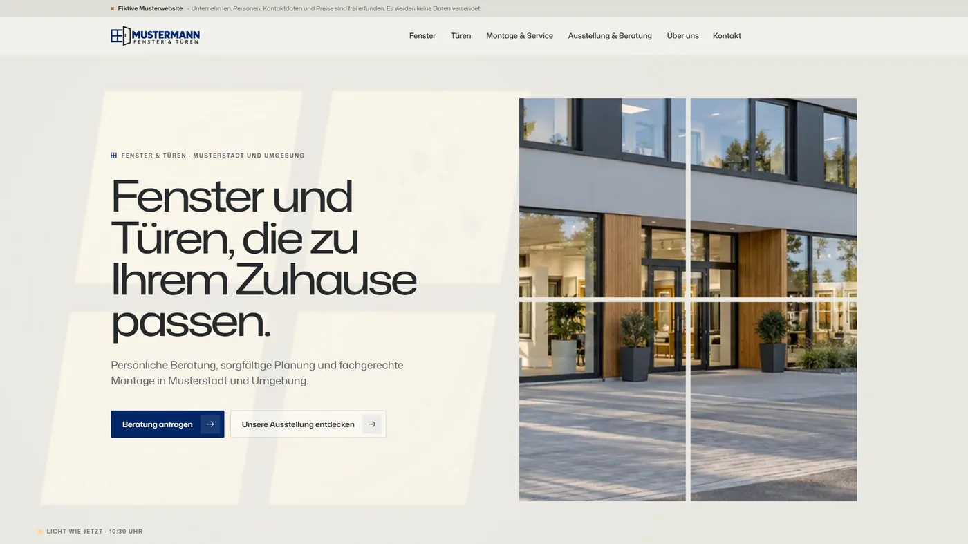 Musterseite eines Fenster- und T&uuml;renbetriebs, gestaltet von Greven Medien
