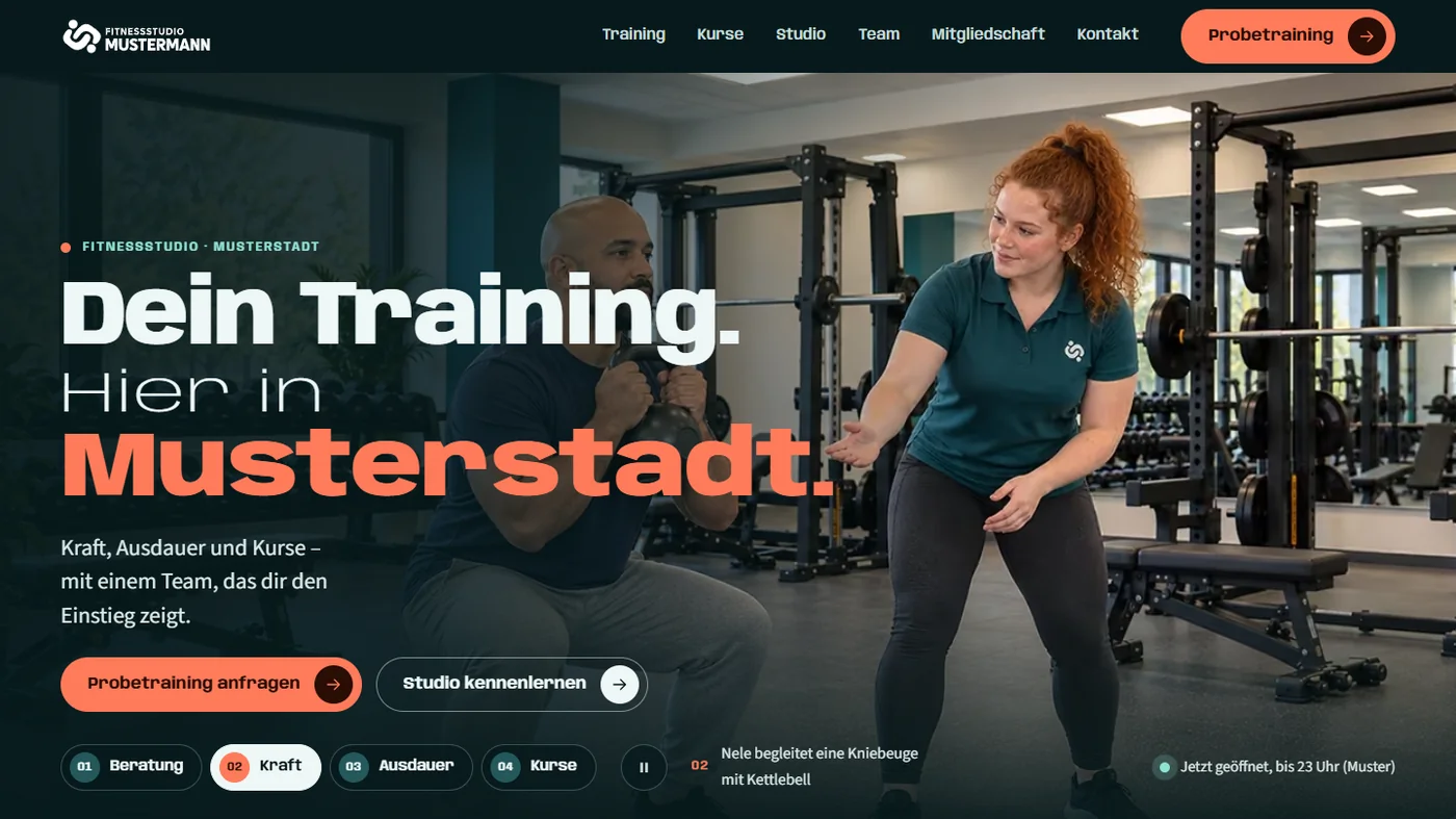 Musterseite eines Fitnessstudios mit Kursplan, gestaltet von Greven Medien