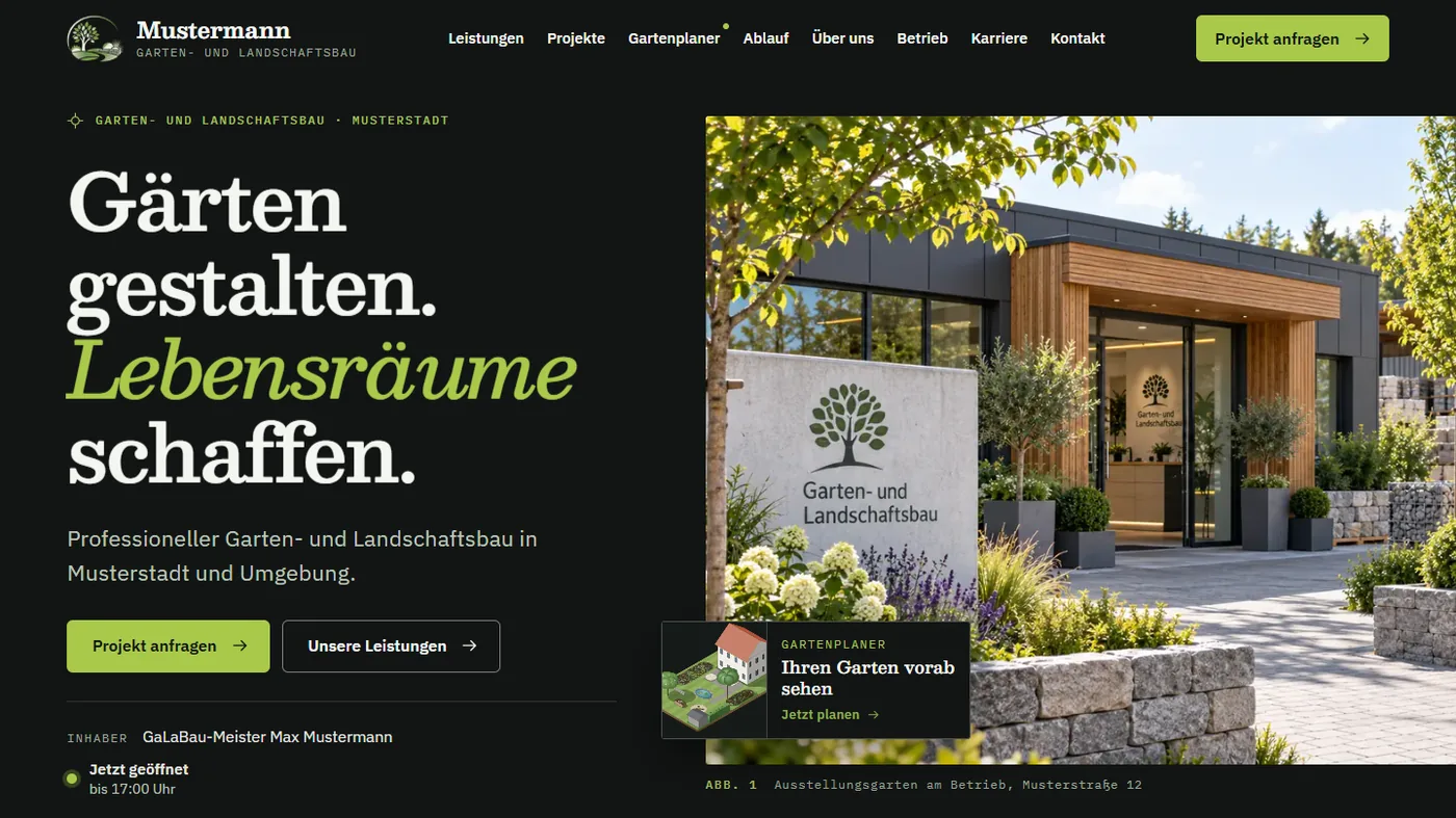 Musterseite eines Garten- und Landschaftsbaus, gestaltet von Greven Medien