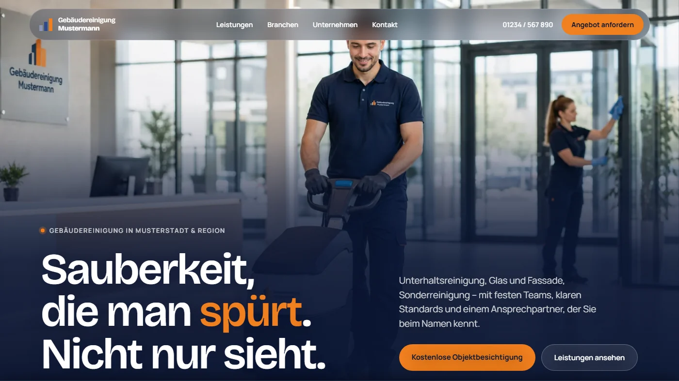 Musterseite einer Gebäudereinigung, gestaltet von Greven Medien