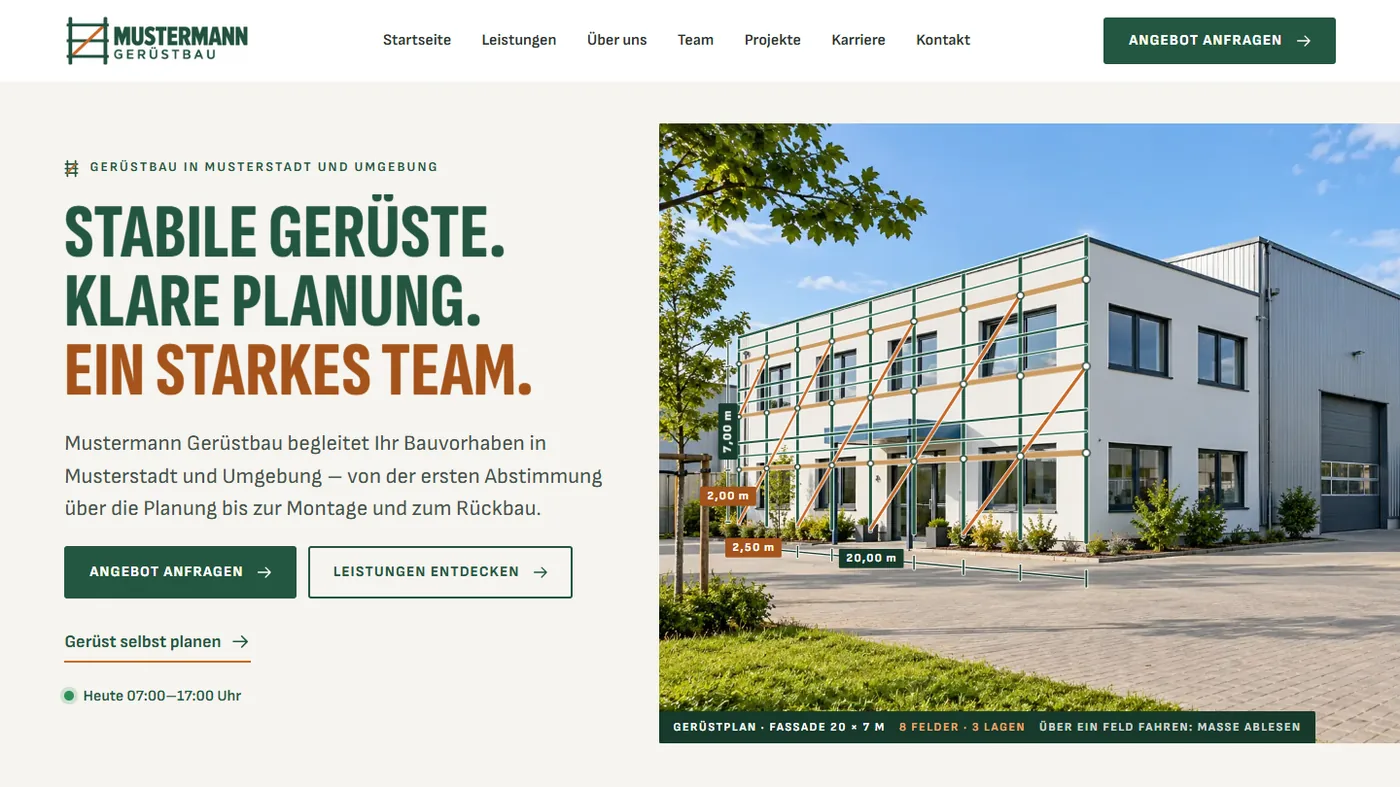 Musterseite eines Ger&uuml;stbaubetriebs, gestaltet von Greven Medien