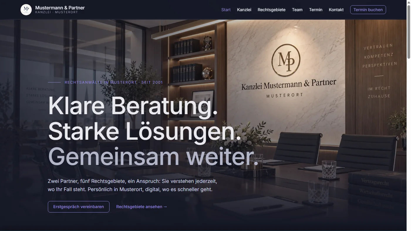 Musterseite einer Anwaltskanzlei mit zwei Partnern, gestaltet von Greven Medien