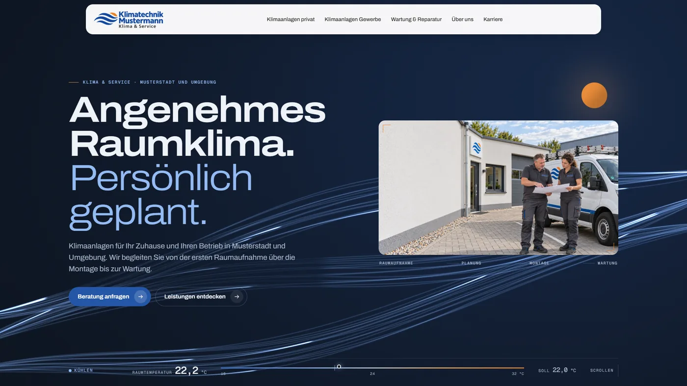 Musterseite eines Klimatechnik-Fachbetriebs, gestaltet von Greven Medien