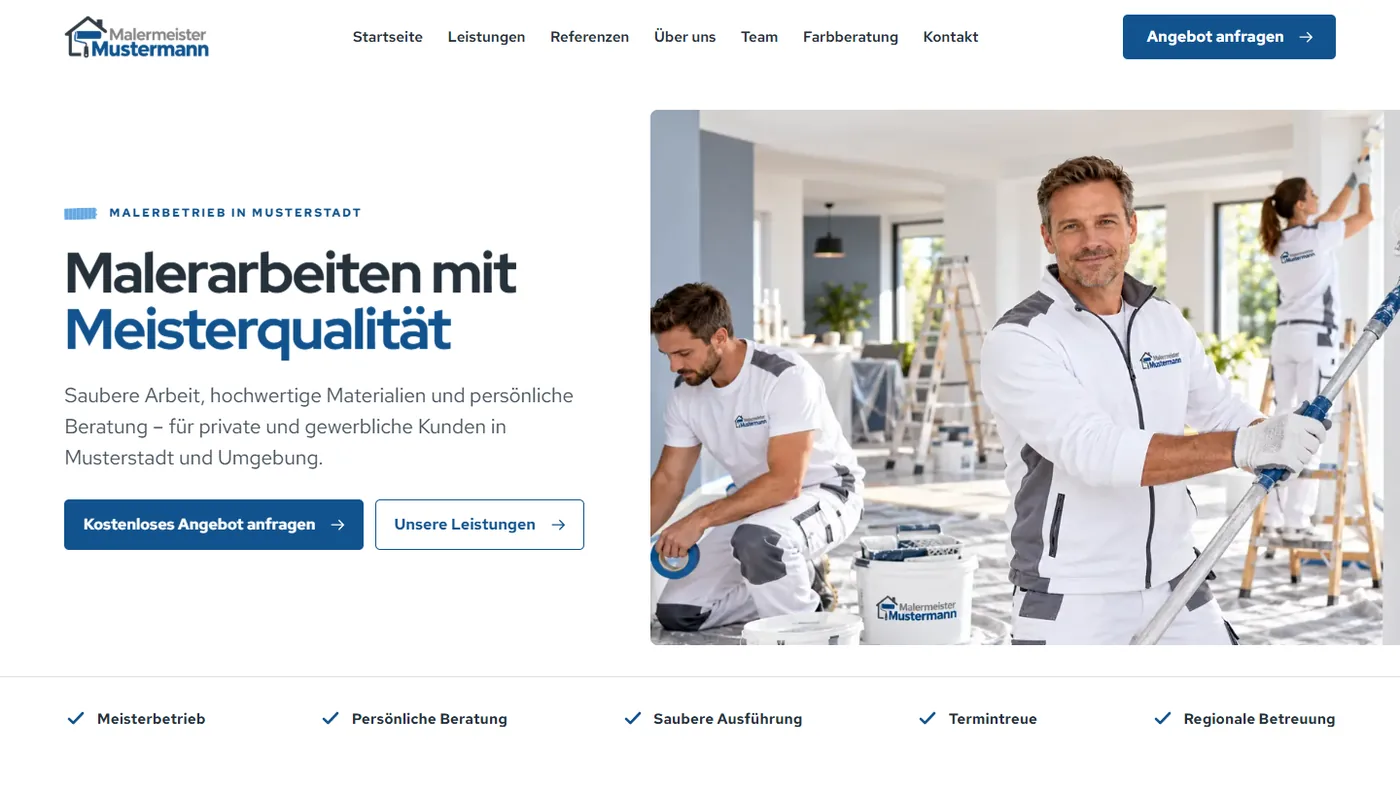 Musterseite eines Malerbetriebs, gestaltet von Greven Medien