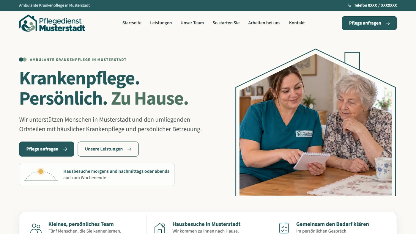Musterseite eines ambulanten Pflegedienstes, gestaltet von Greven Medien