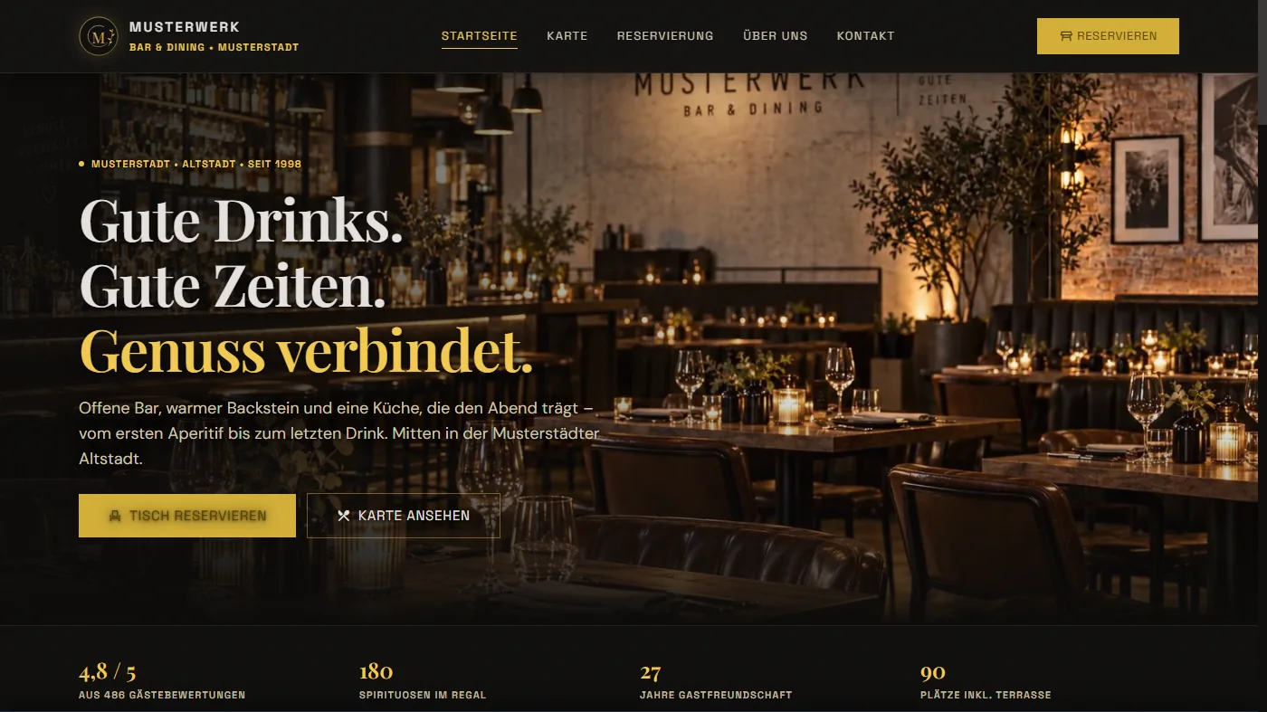 Musterseite eines Restaurants mit Bar, gestaltet von Greven Medien