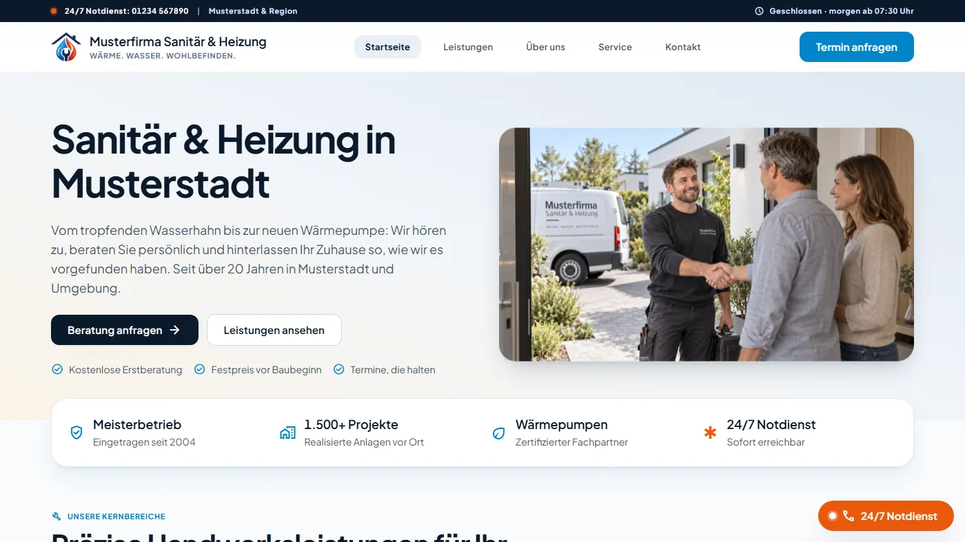 Musterseite eines Sanit&auml;r- und Heizungsbetriebs, gestaltet von Greven Medien