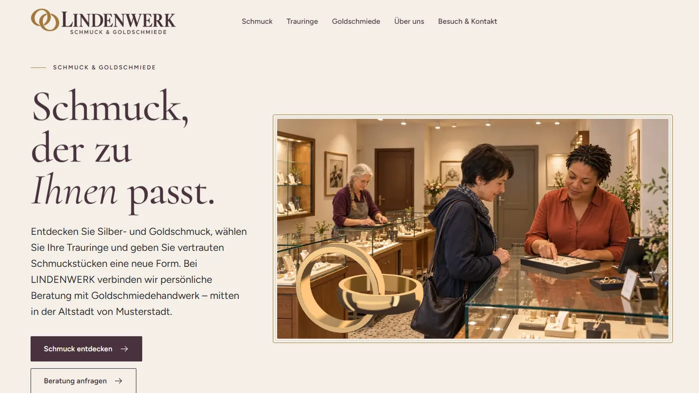 Musterseite eines Schmuckgesch&auml;fts mit Goldschmiede, gestaltet von Greven Medien