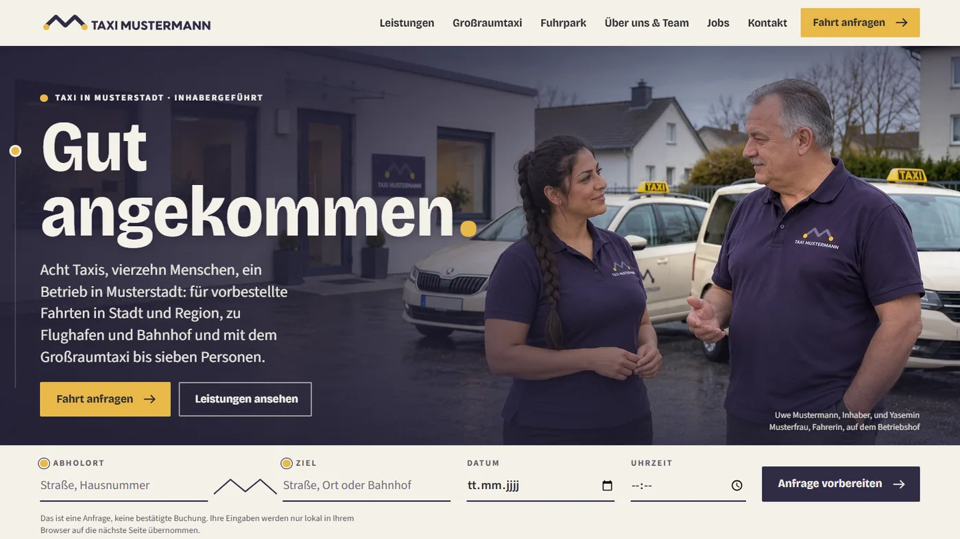 Musterseite eines Taxiunternehmens, gestaltet von Greven Medien