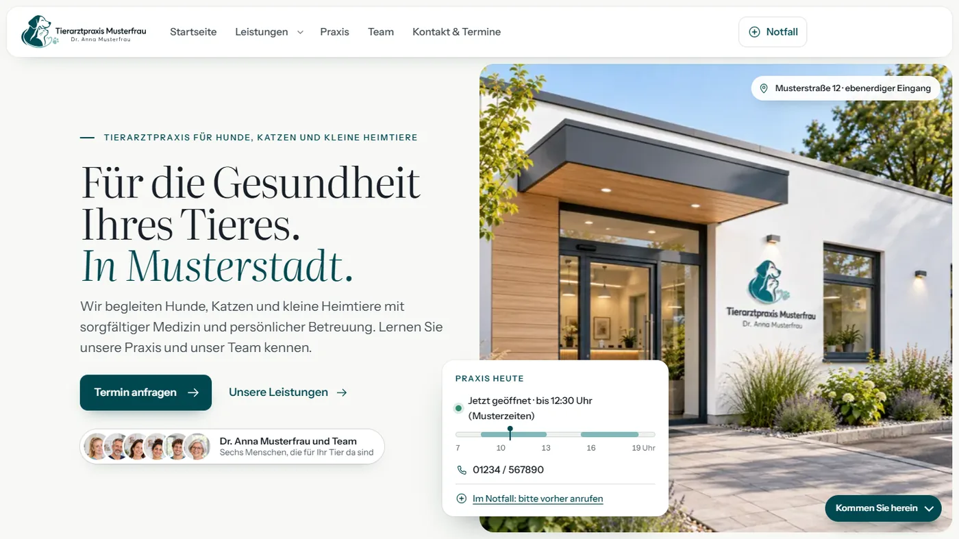 Musterseite einer Tierarztpraxis, gestaltet von Greven Medien
