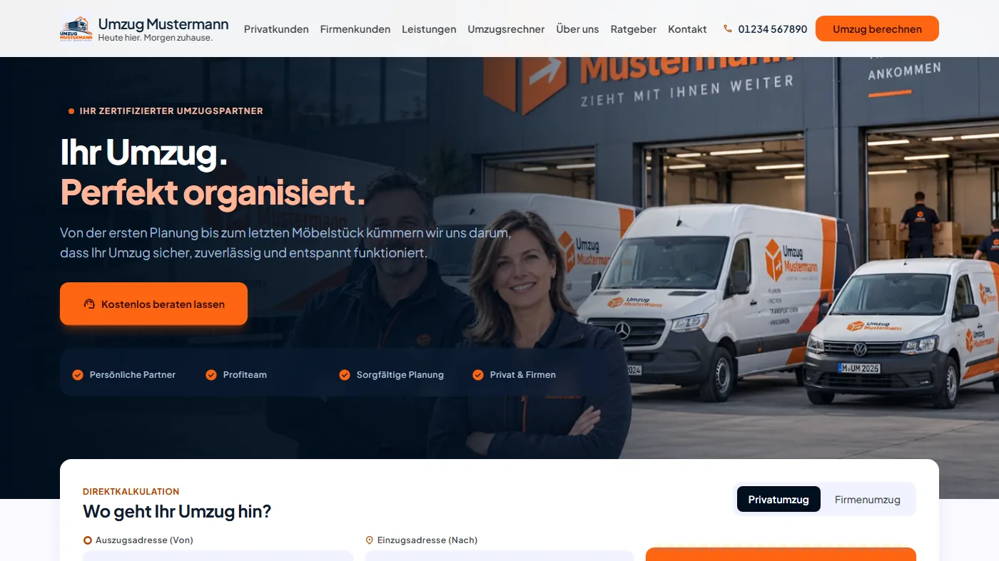 Musterseite eines Umzugsunternehmens, gestaltet von Greven Medien