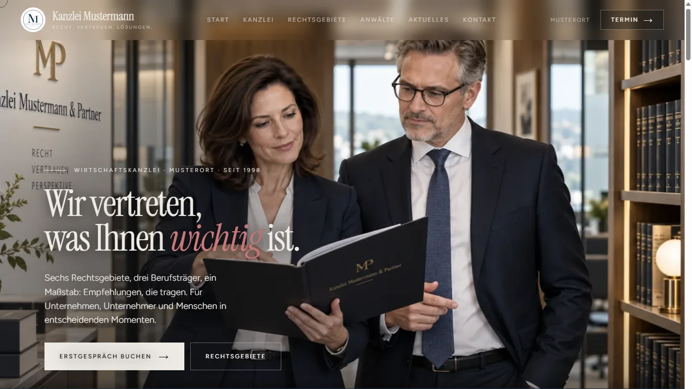Musterseite einer Wirtschaftskanzlei, gestaltet von Greven Medien