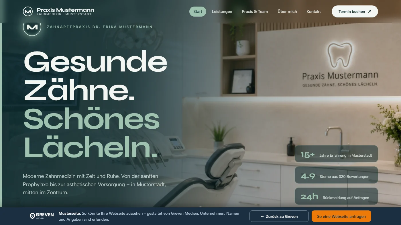 Musterseite einer Zahnarztpraxis, gestaltet von Greven Medien