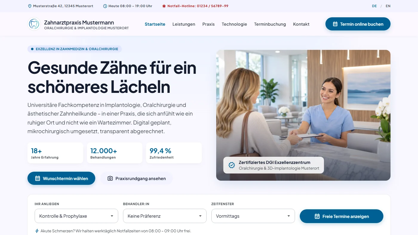 Musterseite einer Zahnarztpraxis mit Oralchirurgie, gestaltet von Greven Medien