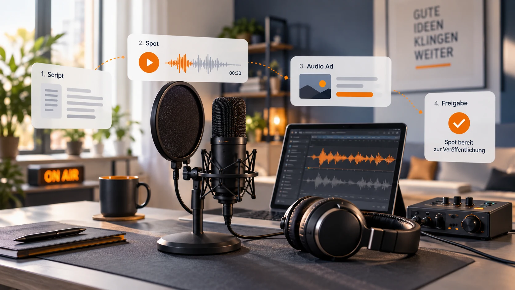 Podcast-Studio mit Mikrofon, Kopfh&ouml;rern und Laptop; daneben der Ablauf vom Skript &uuml;ber den Spot und das Audio Ad bis zur Freigabe
