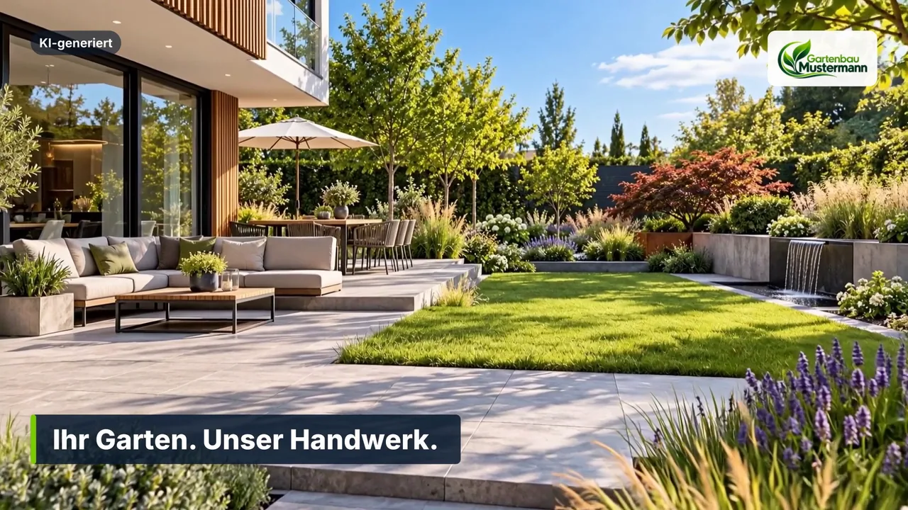 Standbild aus dem Beispielspot für den erfundenen Betrieb Gartenbau Mustermann: ein neu angelegter Garten mit Terrasse, die Einblendung „Ihr Garten. Unser Handwerk.“