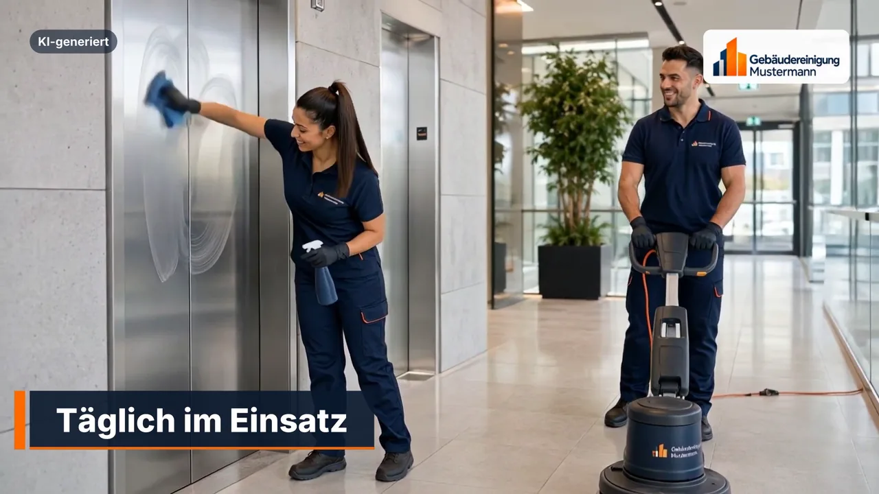 Standbild aus dem Beispielspot für den erfundenen Betrieb Gebäudereinigung Mustermann: eine Mitarbeiterin reinigt eine Aufzugtür, die Einblendung „Täglich im Einsatz“