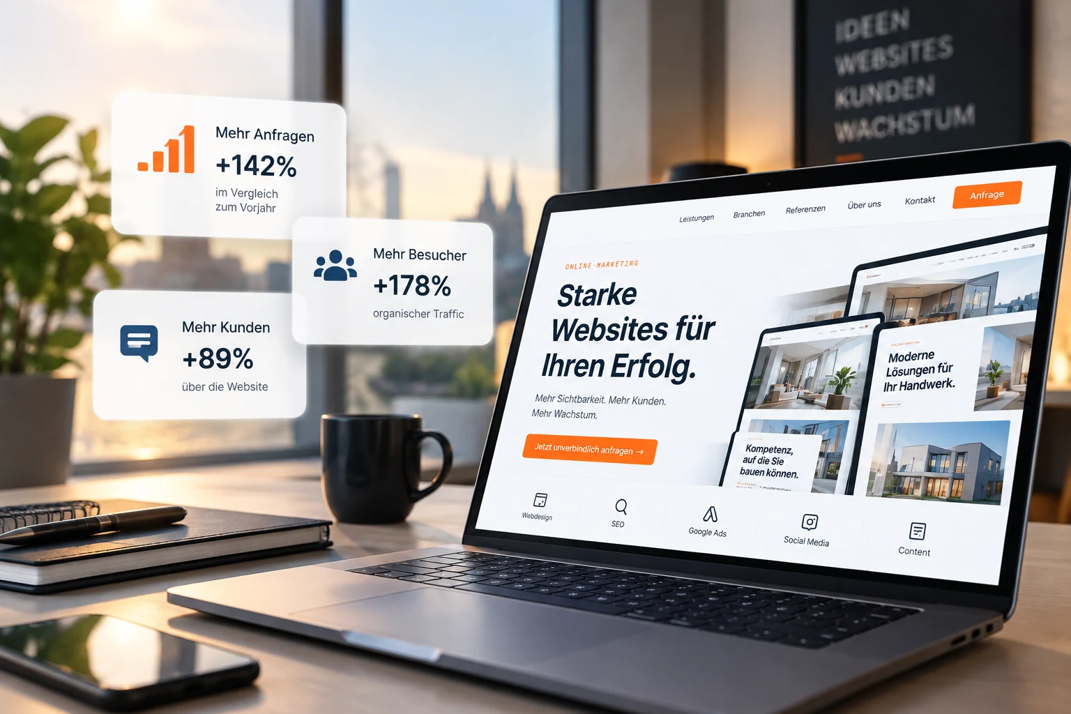Laptop mit einer Unternehmenswebsite auf dem Schreibtisch, im Hintergrund der K&ouml;lner Dom; daneben Karten mit mehr Anfragen, mehr Besuchern und mehr Kunden