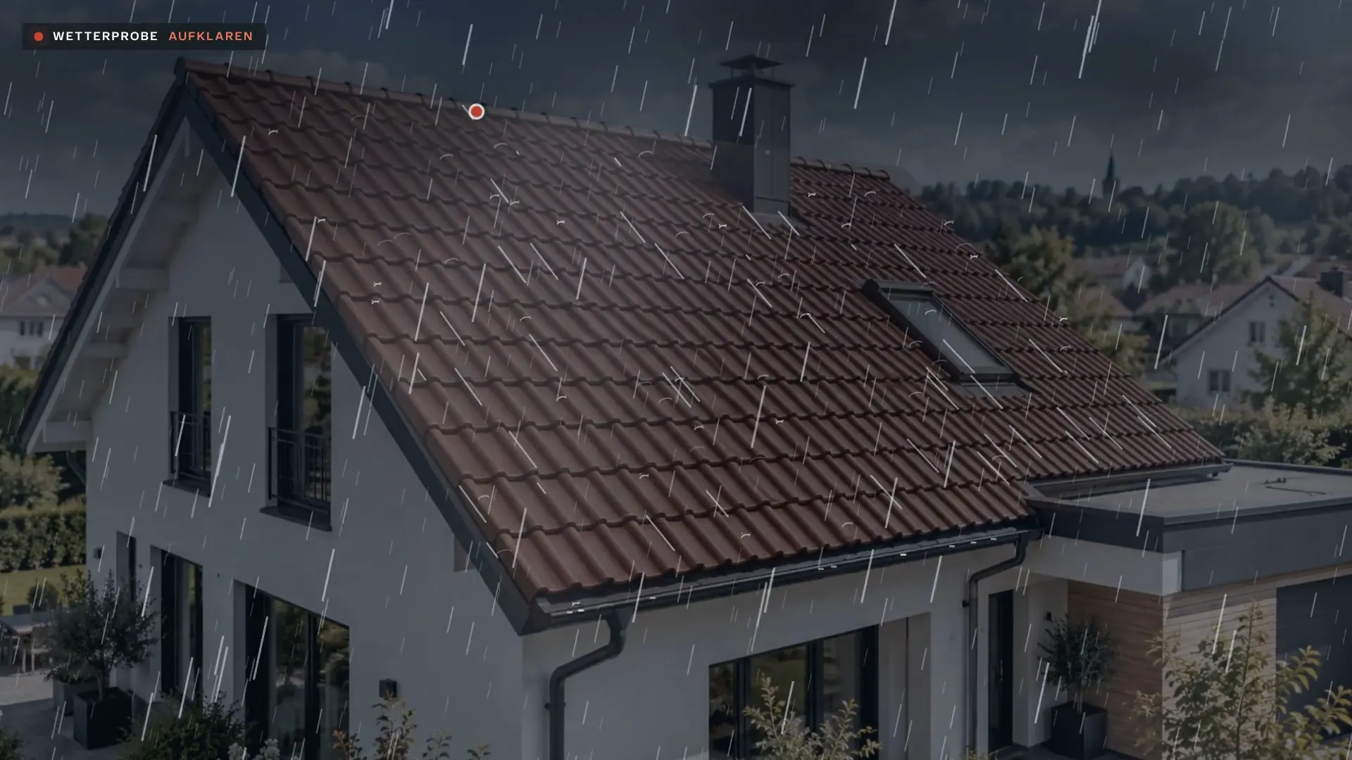 Standbild des Films: eine Musterwebsite einer Dachdeckerei, Regen zieht über das Dach