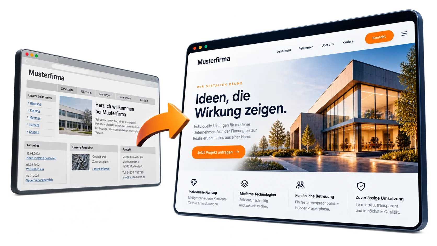 Vorher und nachher: links eine veraltete Firmenwebsite mit grauen Men&uuml;leisten und kleinen Textbl&ouml;cken, rechts dieselbe Musterfirma mit modernem Design, gro&szlig;em Architekturfoto und klarem Anfrage-Knopf auf einem Tablet