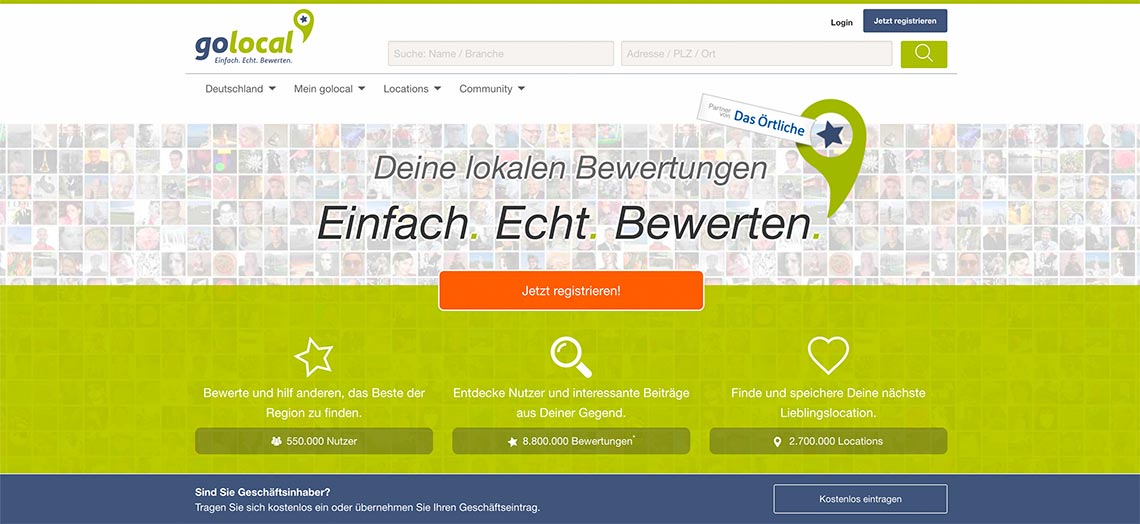 Darstellung der Startseite von golocal.de