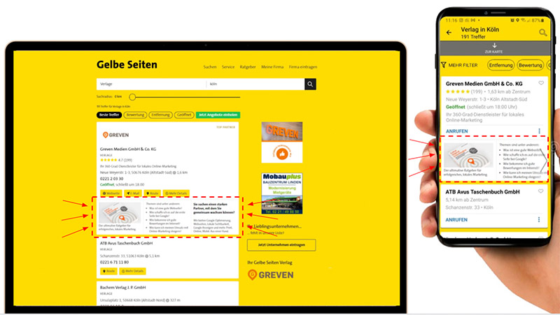 Darstellung der Anzeigenerweiterung auf gelbeseiten.de auf dem Desktop und auf dem Smartphone