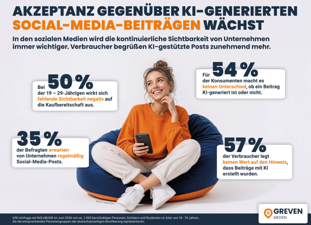 Infografik: eine junge Frau mit Smartphone sitzt auf einem Sitzsack und ist von Studienergebnissen zum Thema KI-generierte Social Media Beiträge in Prozentwerten umgeben